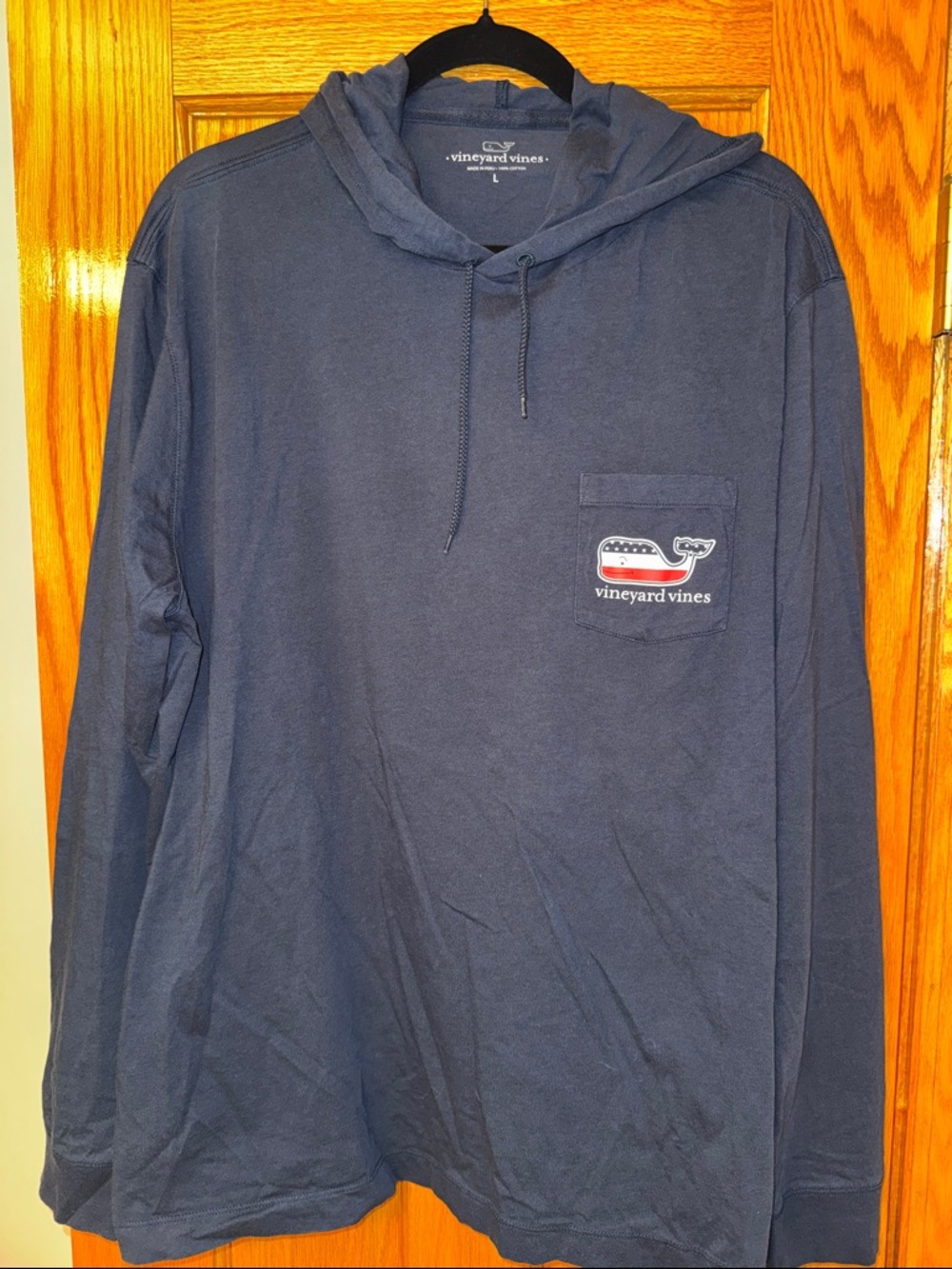 Vineyard Vines Navy Long-Sleeve Hoodie Pocket Tee Red, White and Blue Whale Logo